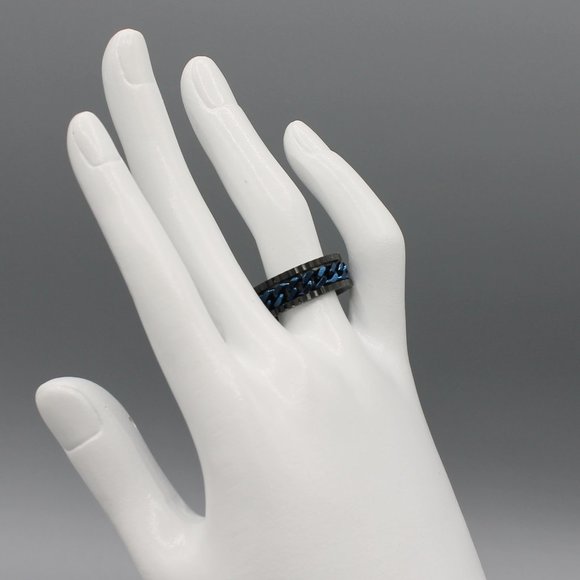 Jewelry ring band 8mm wide blue black stainless steel chain design polished new - Picture 5 of 6